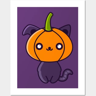 Cute Halloween Character-Cat with Pumpkin Head Posters and Art